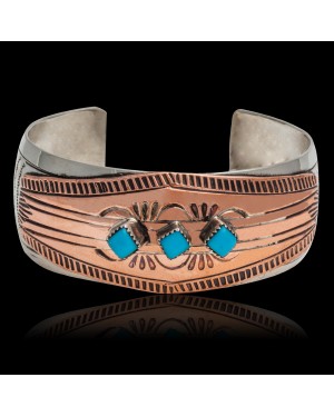 Handmade Certified Authentic Navajo Pure Nickel and Copper Native American Bracelet Natural Turquoise 12844-1