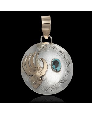 12kt Gold Filled and .925 Sterling Silver Certified Authentic Bear Paw Handmade Navajo Natural Turquoise Native American Pendant 17041-4