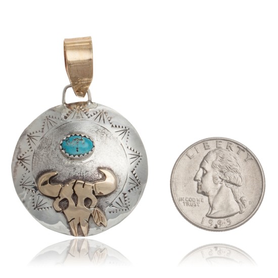 12kt Gold Filled and .925 Sterling Silver Certified Authentic Bull Skull Handmade Navajo Natural Turquoise Native American Pendant 17044-2