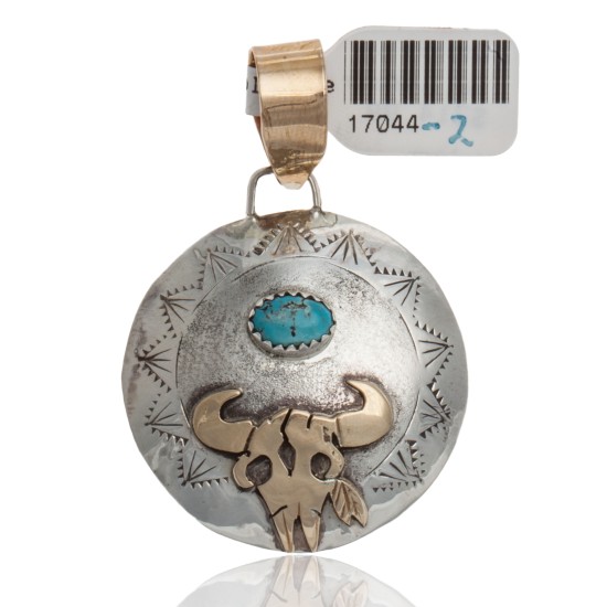 12kt Gold Filled and .925 Sterling Silver Certified Authentic Bull Skull Handmade Navajo Natural Turquoise Native American Pendant 17044-2