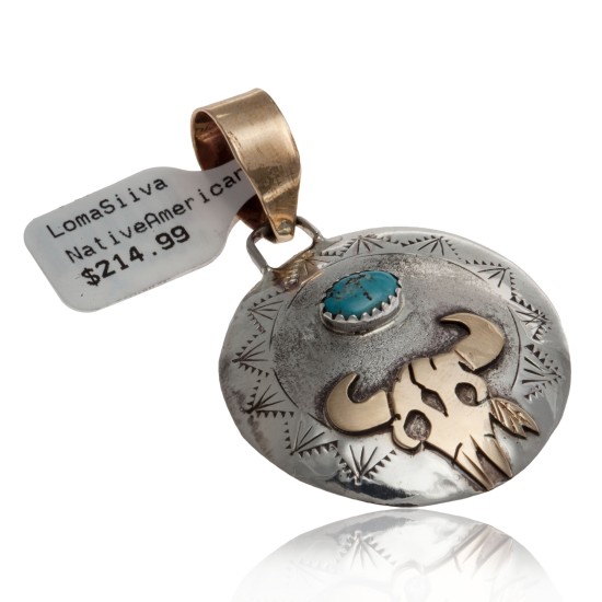12kt Gold Filled and .925 Sterling Silver Certified Authentic Bull Skull Handmade Navajo Natural Turquoise Native American Pendant 17044-2