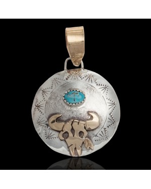 12kt Gold Filled and .925 Sterling Silver Certified Authentic Bull Skull Handmade Navajo Natural Turquoise Native American Pendant 17044-2