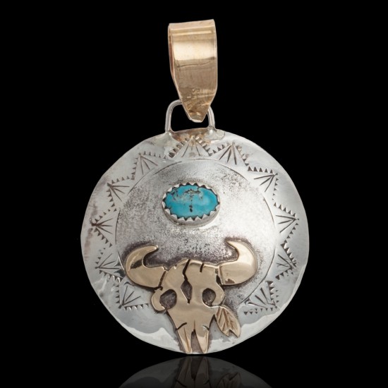 12kt Gold Filled and .925 Sterling Silver Certified Authentic Bull Skull Handmade Navajo Natural Turquoise Native American Pendant 17044-2