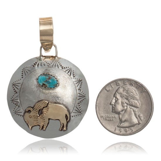 Buffalo 12kt Gold Filled and .925 Sterling Silver Certified Authentic Handmade Navajo Native American Natural Turquoise Pendant 24530