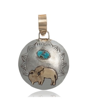 Buffalo 12kt Gold Filled and .925 Sterling Silver Certified Authentic Handmade Navajo Native American Natural Turquoise Pendant 24530