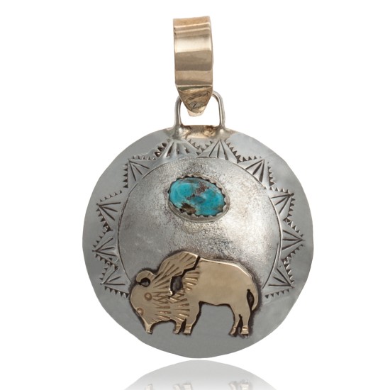 Buffalo 12kt Gold Filled and .925 Sterling Silver Certified Authentic Handmade Navajo Native American Natural Turquoise Pendant 24530