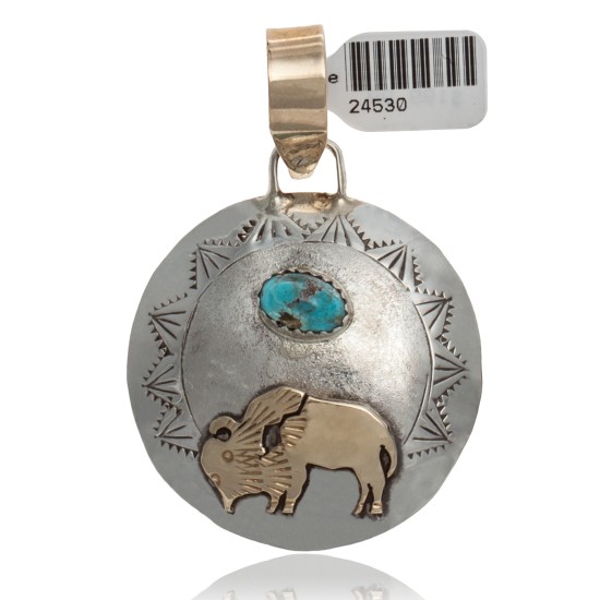 Buffalo 12kt Gold Filled and .925 Sterling Silver Certified Authentic Handmade Navajo Native American Natural Turquoise Pendant 24530