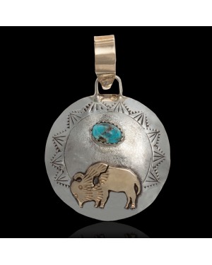 Buffalo 12kt Gold Filled and .925 Sterling Silver Certified Authentic Handmade Navajo Native American Natural Turquoise Pendant 24530