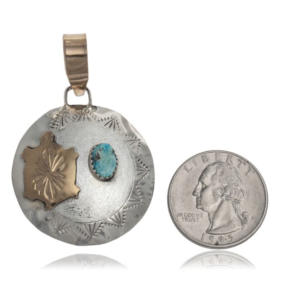 Turtle 12kt Gold Filled and .925 Sterling Silver Certified Authentic Handmade Navajo Native American Natural Turquoise Pendant 24532