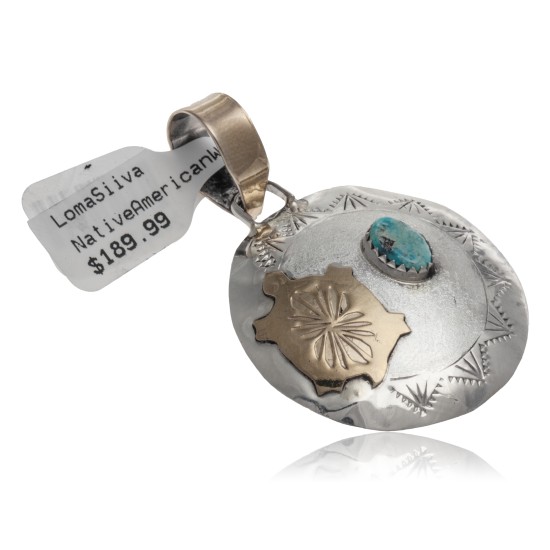 Turtle 12kt Gold Filled and .925 Sterling Silver Certified Authentic Handmade Navajo Native American Natural Turquoise Pendant 24532