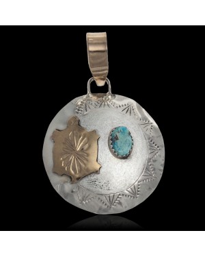 Turtle 12kt Gold Filled and .925 Sterling Silver Certified Authentic Handmade Navajo Native American Natural Turquoise Pendant 24532