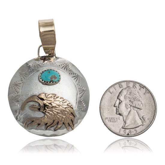 12kt Gold Filled and .925 Sterling Silver Certified Authentic Eagle head Handmade Navajo Natural Turquoise Native American Pendant  94008