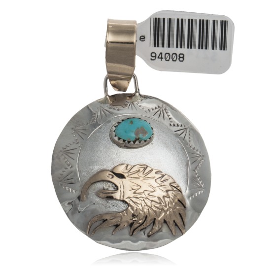 12kt Gold Filled and .925 Sterling Silver Certified Authentic Eagle head Handmade Navajo Natural Turquoise Native American Pendant  94008