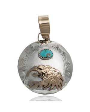 12kt Gold Filled and .925 Sterling Silver Certified Authentic Eagle head Handmade Navajo Natural Turquoise Native American Pendant  94008