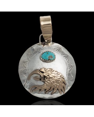 12kt Gold Filled and .925 Sterling Silver Certified Authentic Eagle head Handmade Navajo Natural Turquoise Native American Pendant  94008