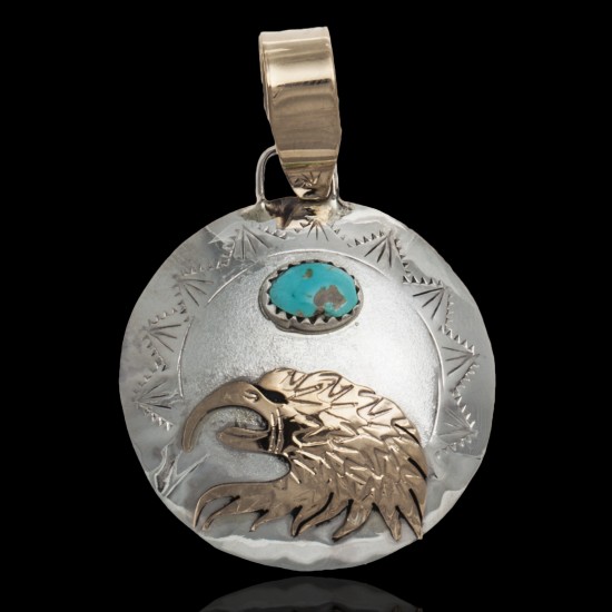 12kt Gold Filled and .925 Sterling Silver Certified Authentic Eagle head Handmade Navajo Natural Turquoise Native American Pendant  94008