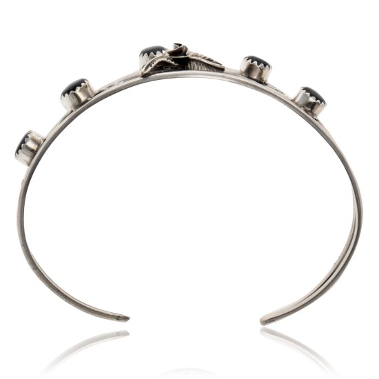 Handmade Certified Authentic Navajo .925 Sterling Silver Natural Black Onyx Native American Flower Cuff Bracelet 12946-4