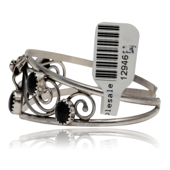 Handmade Certified Authentic Navajo .925 Sterling Silver Natural Black Onyx Native American Flower Cuff Bracelet 12946-4