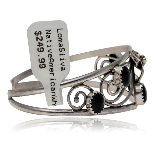 Handmade Certified Authentic Navajo .925 Sterling Silver Natural Black Onyx Native American Flower Cuff Bracelet 12946-4