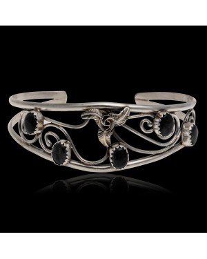 Handmade Certified Authentic Navajo .925 Sterling Silver Natural Black Onyx Native American Flower Cuff Bracelet 12946-4