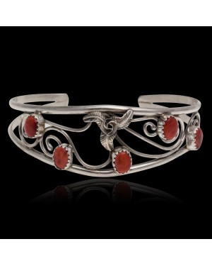 Handmade Certified Authentic .925 Sterling Silver Natural Coral Navajo Native American Cuff Bracelet 12947-1