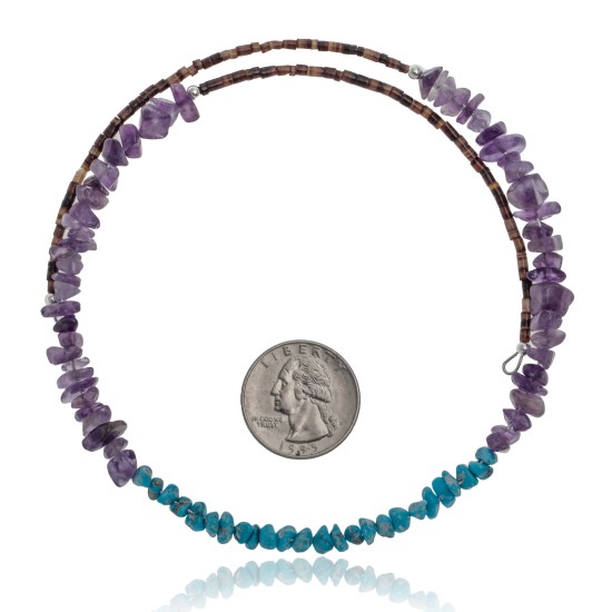 Natural Turquoise and Amethyst Certified Authentic Navajo Native American Adjustable Choker Wrap Necklace Chain 25584