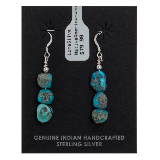 Natural Turquoise .925 Sterling Silver Hooks Certified Authentic Navajo Native American Dangle Hook Earrings 27276