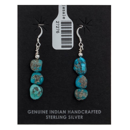 Natural Turquoise .925 Sterling Silver Hooks Certified Authentic Navajo Native American Dangle Hook Earrings 27276
