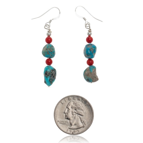 Natural Turquoise and Coral .925 Sterling Silver Hooks Certified Authentic Navajo Native American Dangle Earrings 27277