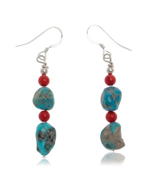 Natural Turquoise and Coral .925 Sterling Silver Hooks Certified Authentic Navajo Native American Dangle Earrings 27277