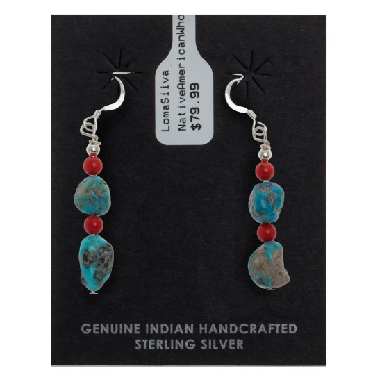 Natural Turquoise and Coral .925 Sterling Silver Hooks Certified Authentic Navajo Native American Dangle Earrings 27277
