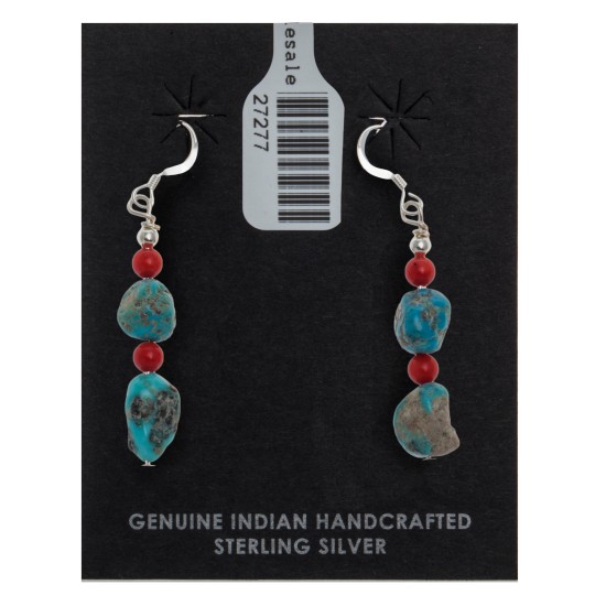 Natural Turquoise and Coral .925 Sterling Silver Hooks Certified Authentic Navajo Native American Dangle Earrings 27277