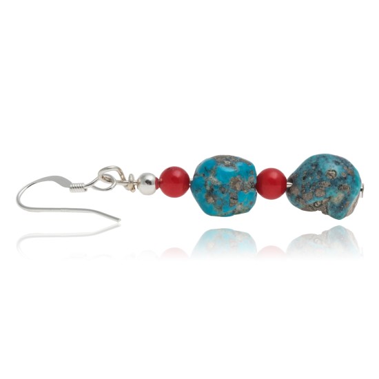 Natural Turquoise and Coral .925 Sterling Silver Hooks Certified Authentic Navajo Native American Dangle Earrings 27277