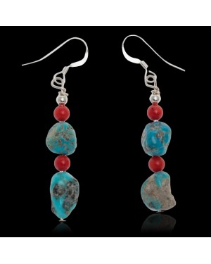 Natural Turquoise and Coral .925 Sterling Silver Hooks Certified Authentic Navajo Native American Dangle Earrings 27277
