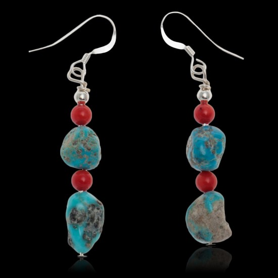 Natural Turquoise and Coral .925 Sterling Silver Hooks Certified Authentic Navajo Native American Dangle Earrings 27277