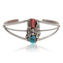 Handmade Navajo .925 Sterling Silver Cuff Bracelet with Natural Turquoise and Coral 13023