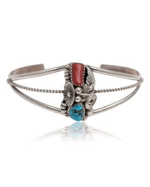 Handmade Certified Authentic Navajo .925 Sterling Silver Natural Turquoise and Coral Native American Cuff Bracelet 13023
