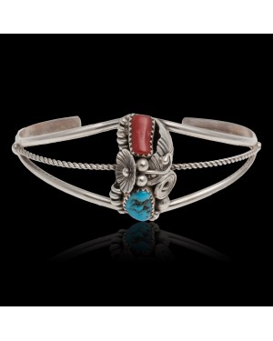 Handmade Certified Authentic Navajo .925 Sterling Silver Natural Turquoise and Coral Native American Cuff Bracelet 13023