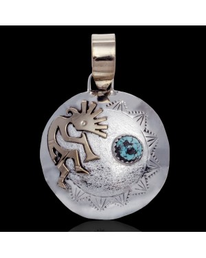 12kt Gold Filled and .925 Sterling Silver Kokopelli Handmade Navajo Certified Authentic Natural Turquoise Native American Pendant 13118