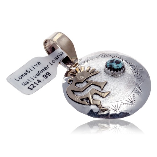 12kt Gold Filled and .925 Sterling Silver Kokopelli Handmade Navajo Certified Authentic Natural Turquoise Native American Pendant 13118