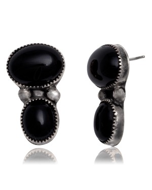 Double Natural Black Onyx .925 Sterling Silver Certified Authentic Navajo Native American Handmade Post Earrings 18254