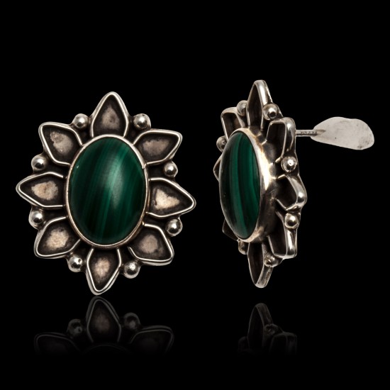 Malachite .925 Sterling Silver Certified Authentic Navajo Native American Flower Stud Earrings 24248