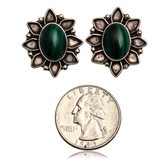 Malachite .925 Sterling Silver Certified Authentic Navajo Native American Flower Stud Earrings 24248