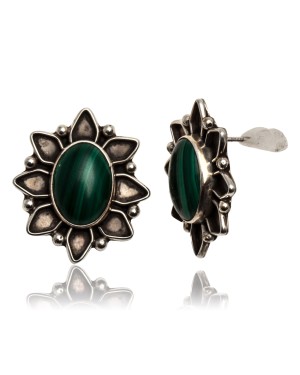 Malachite .925 Sterling Silver Certified Authentic Navajo Native American Flower Stud Earrings 24248