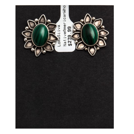 Malachite .925 Sterling Silver Certified Authentic Navajo Native American Flower Stud Earrings 24248