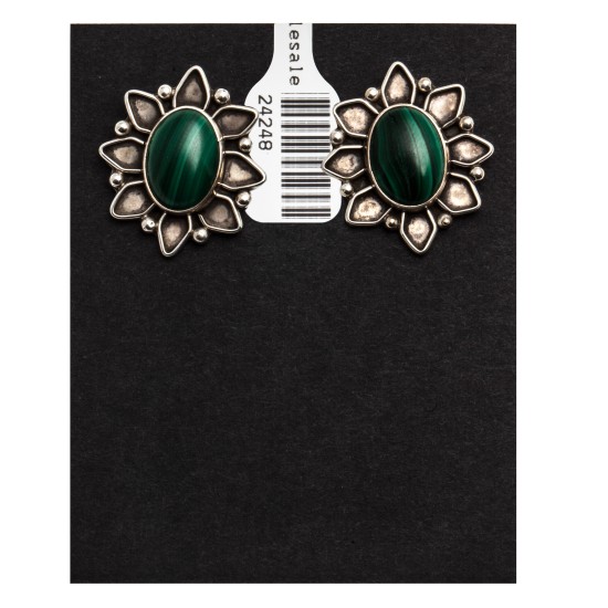 Malachite .925 Sterling Silver Certified Authentic Navajo Native American Flower Stud Earrings 24248