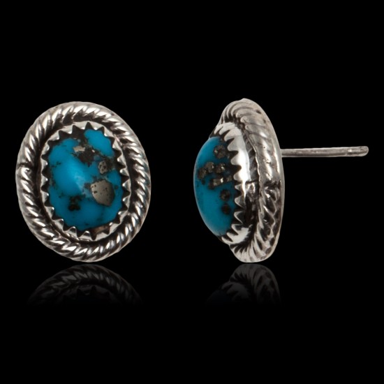 Natural Turquoise .925 Sterling Silver Certified Authentic Navajo Native American Stud Earrings 24391-99