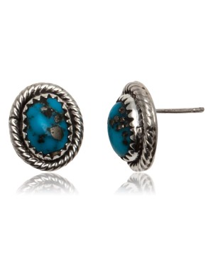Natural Turquoise .925 Sterling Silver Certified Authentic Navajo Native American Stud Earrings 24391-99