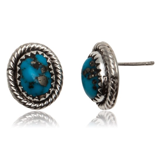 Natural Turquoise .925 Sterling Silver Certified Authentic Navajo Native American Stud Earrings 24391-99