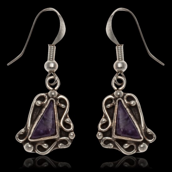 Sugilite .925 Sterling Silver Certified Authentic Navajo Native American Flower Dangle Earrings 27245